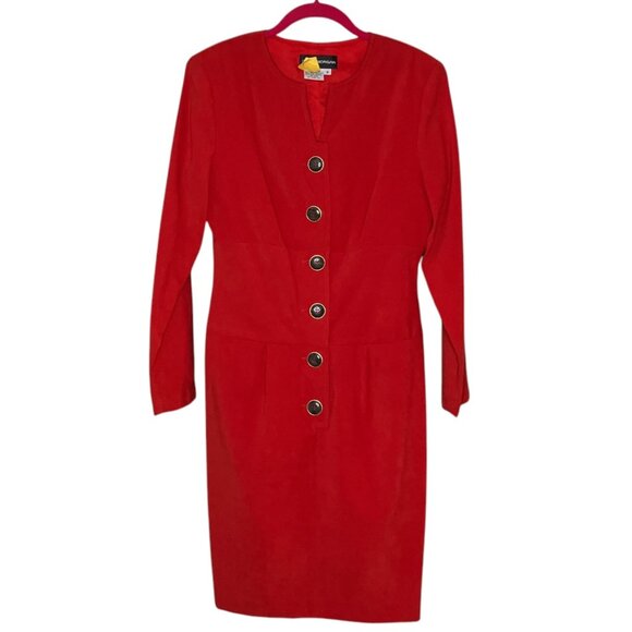 Vintage 90s Donna Morgan Size 8 Faux Suede Button Front Long Sleeve Sheath Dress - Picture 1 of 4